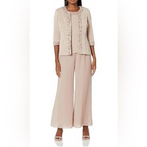 NWT Le Bos 3-Piece Pant Set Size 20W Champagne Beige Sequin Trim Formal Wedding